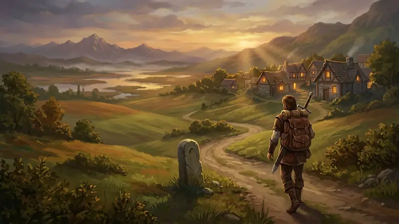 An adventurer walking a road at golden hour toward distant wetlands