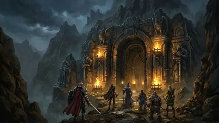 A party of adventurers approaching a huge torch-lit dungeon gate carved into a mountain