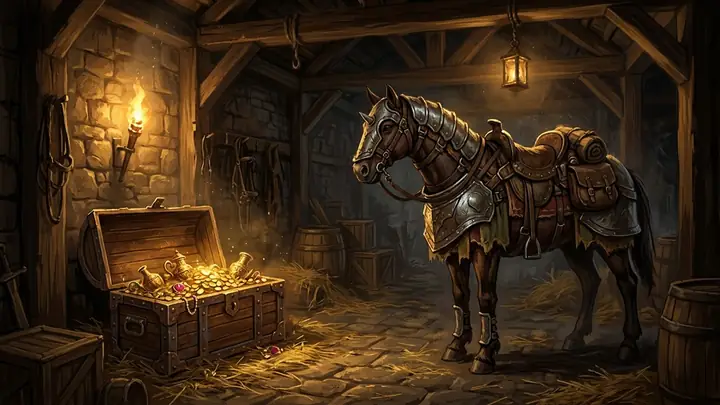 An open treasure chest full of gold beside an armored horse in a stable