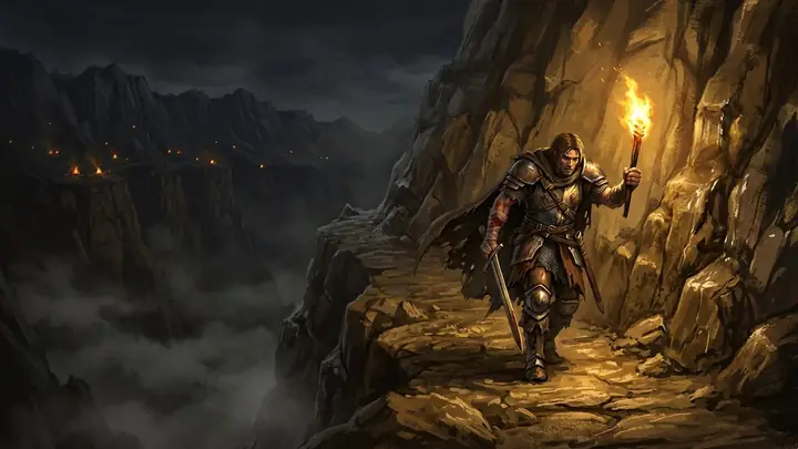 A wounded warrior with a torch on a narrow cliff path at night above a misty abyss