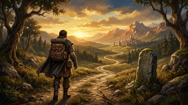 An adventurer with a backpack walking a winding road toward a distant castle at sunrise