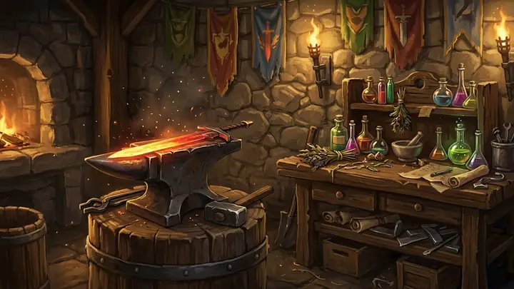 A blacksmith's anvil with a glowing sword next to an alchemy workbench and faction banners