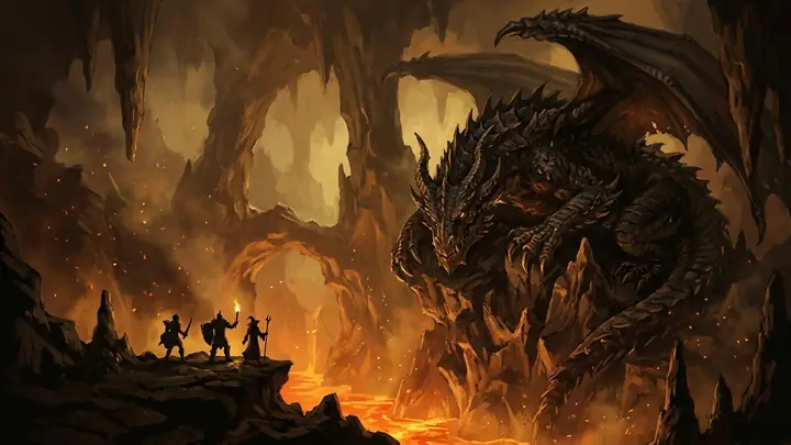 A colossal black dragon in a volcanic cavern facing a small group of adventurers